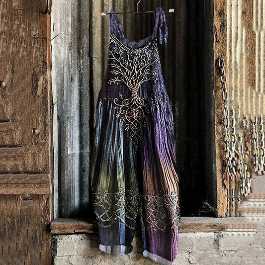 Vintage Viking Tree Of Life Gradient Art Linen Jumpsuit artswardrobe