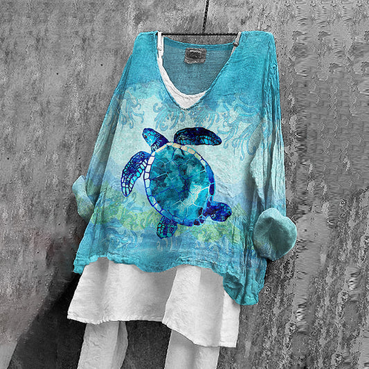 Gradient Sea Turtle Art Pattern Linen Blend Tunic artswardrobe