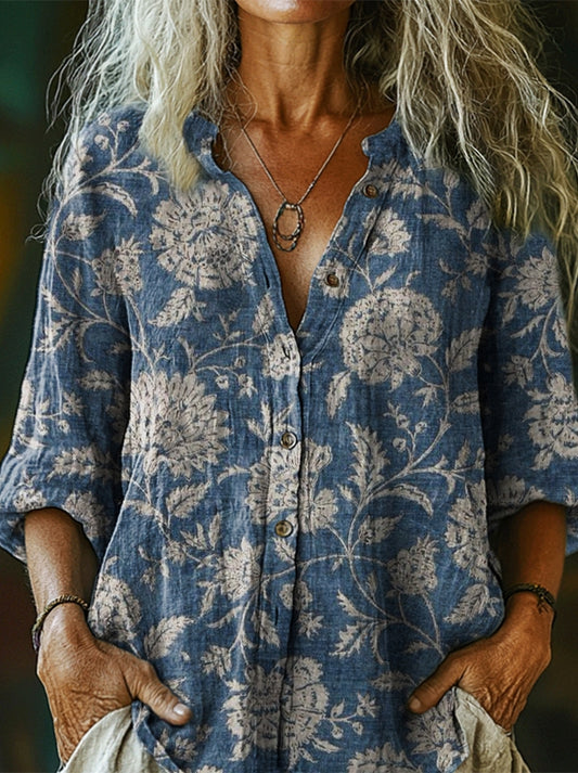 Women's Bohemian Vintage Folk Floral Art Pattern Print Casual Cotton L