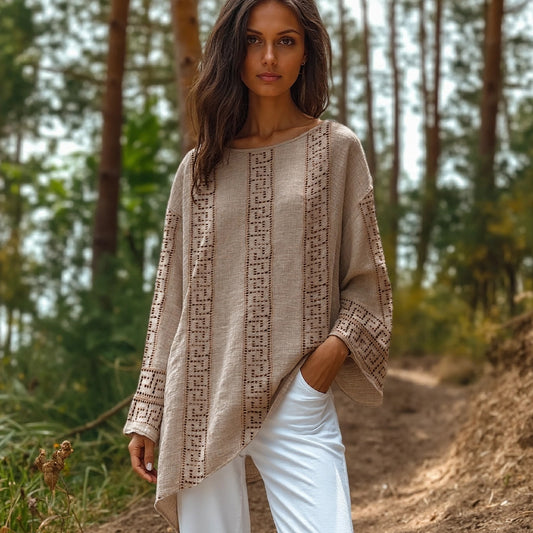 Comstylish Vintage Greek Key Motif Hollow Cotton Linen Shirt