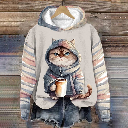 Cute Striped Cat Print Casual Hoodie elevenforest