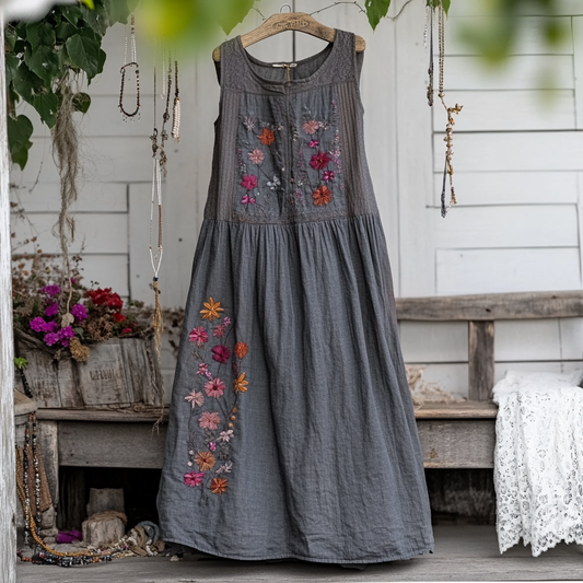 Comstylish Elegant And Fashionable Floral Patch Cotton And Linen Sleeveless Women's Dress