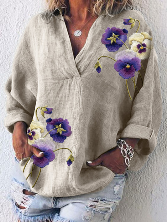Comstylish Classy Pansy Flowers Embroidered Linen Blend Tunic