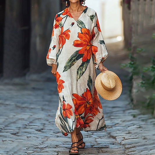 Women's Elegant Floral Print V-neck Loose Midi Dress artswardrobe