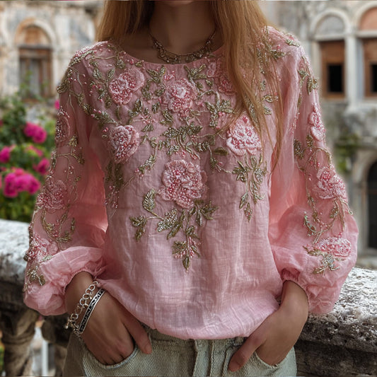 Comstylish Bohemian Vintage Pink Embroidered Flower Long-sleeved Casual Top