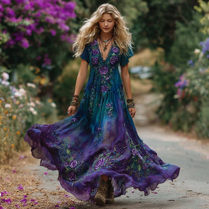 Women's Vintage Purple Roses Floral Embroidery Linen Short Sleeve Dress artswardrobe