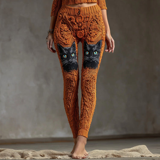 Comstylish Cute Black Cat Face Embroidered Comfortable Knitted Women's Leggings