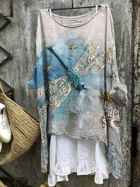 Comstylish Dragonfly Lace Fiber Art Linen Blend Tunic