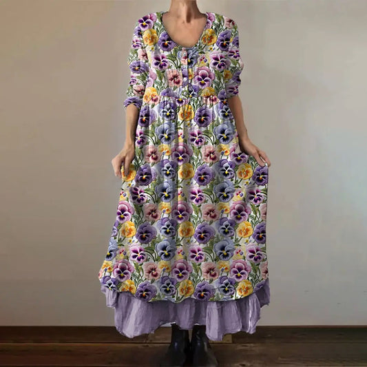 Vintage Purple Floral Pattern Alzheimer's Awareness Button Up Maxi Dress artswardrobe