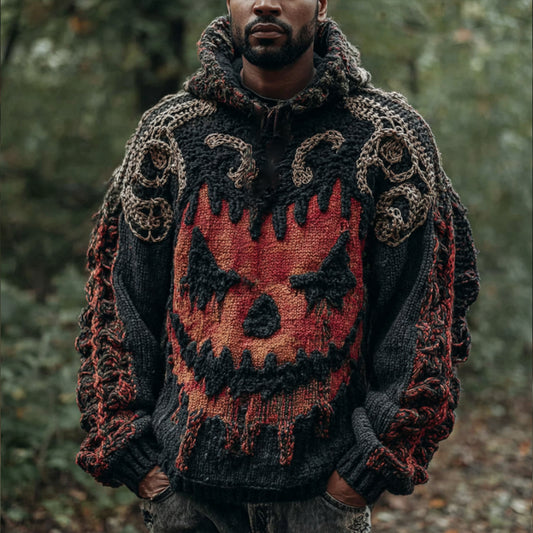 Men's Halloween Devil Smiling Face Vintage Knitted Hooded Sweater elevenforest