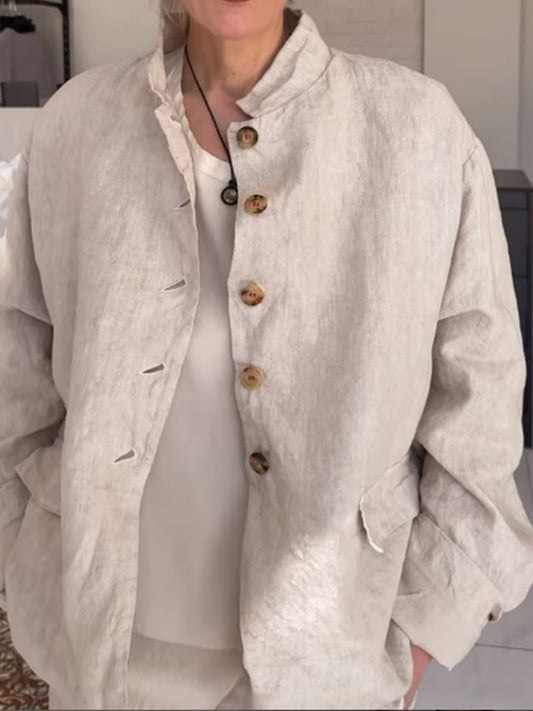 Women's Cotton And Linen Plain Casual Stand Collar Jacket