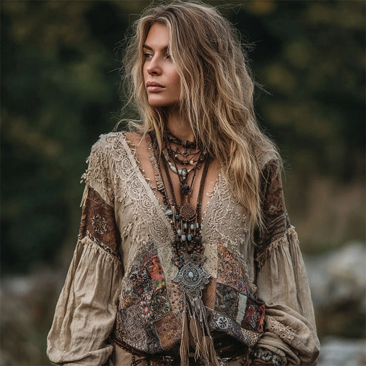 Comstylish Boho Ethnic Colorblock Lace Patchwork Linen Tunic