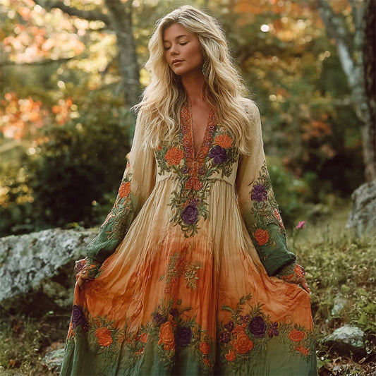 Fall Vintage Floral Embroidery Gradient Color Women's Linen V-neck Maxi Dress artswardrobe