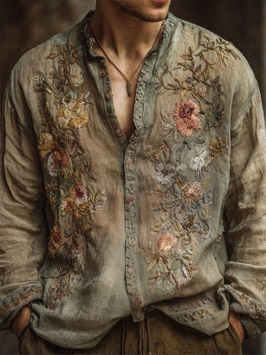 Men's Vintage Boho Floral Embroidered Dyed Linen Shirt artswardrobe