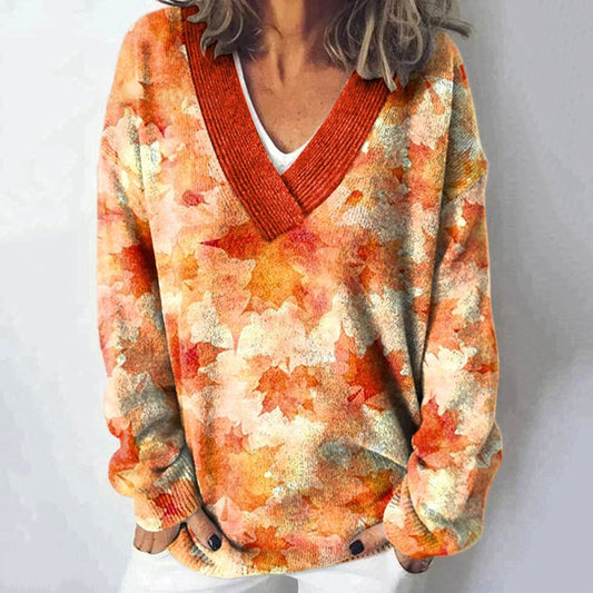 Autumn Maple Leaf Print V-Neck Knitted Pullover Sweater artswardrobe