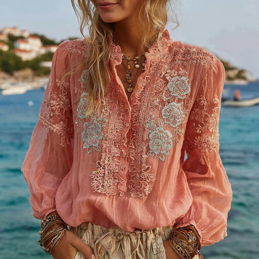 Comstylish Women's Pink Rose Embroidered Casual Button-down Shirt