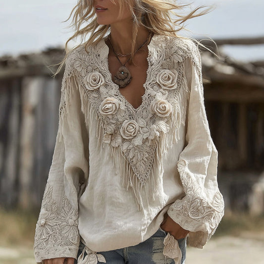 Comstylish Boho Rose Embroidered Tassel Art Linen Long Sleeve Blouse