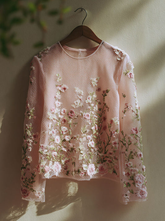 Comstylish Women's Pink Floral Pink Embroidery Print T-shirt