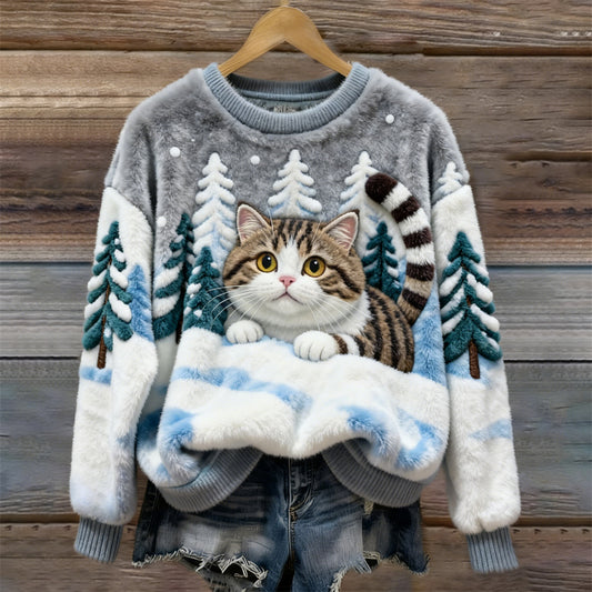 Christmas Cat & Tree Women’s Flannel Sweater elevenforest