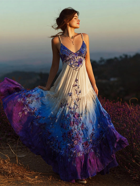 Vintage Boho Floral Gradient Embroidery Women's Spaghetti Strap Linen Maxi Dress artswardrobe
