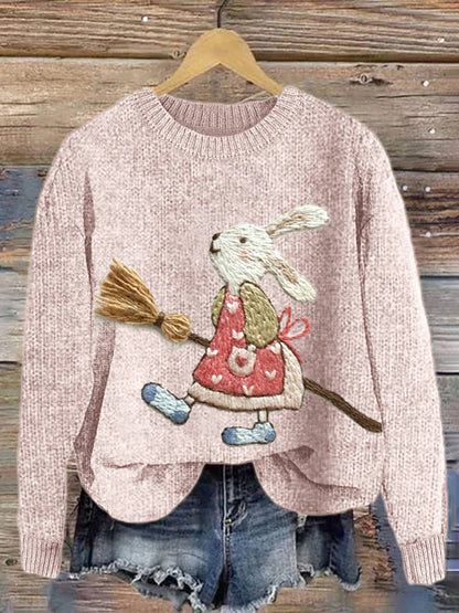 Cute Bunny Embroidery Art Cozy knit Sweater artswardrobe
