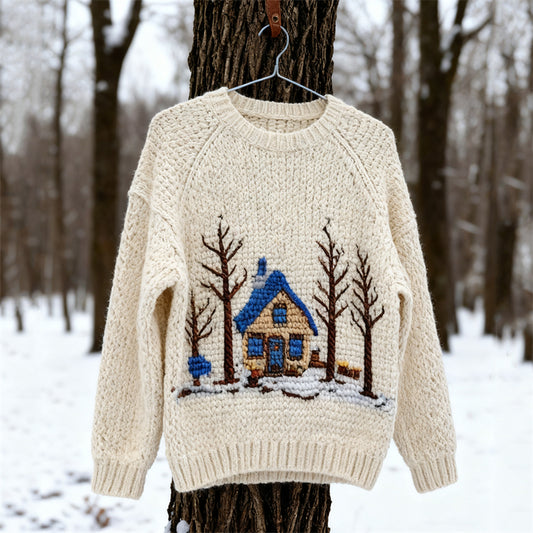 Comstylish Vintage Snowy Forest Cottage Crochet Cozy Knit Sweater