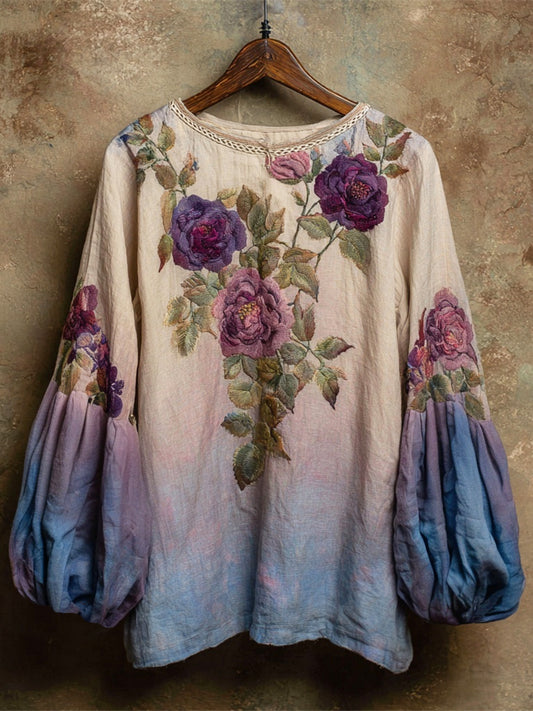 Boho Romantic Floral Embroidery Gradient Women's Linen Loose Shirt artswardrobe
