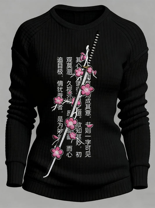 Comstylish Japanese Katana With Sakura Branch Embroidered Cozy Sweater