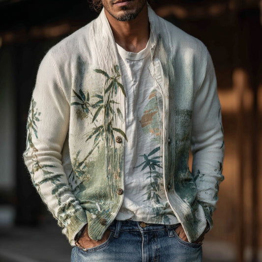 Men's Retro Japanese Bamboo Forest Art Knitted Cardigan Sweater artswardrobe