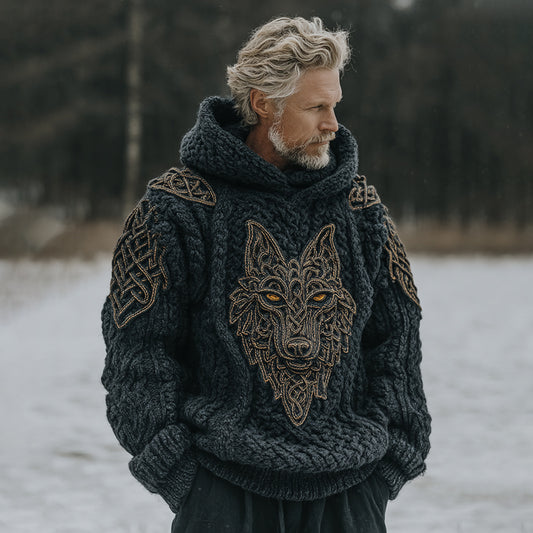 Men's Vintage Viking Celtic Knot Wolf Art Cozy Knit Hooded Sweater artswardrobe