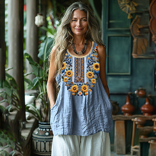 Women's Ukraine Sunflower Embroidery Art Linen Sleeveless Tank Top artswardrobe