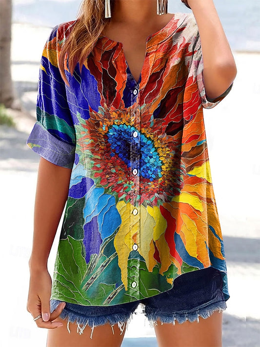 Women's Floral Pattern Art Print Casual Cotton Linen Short Sleeve Shir