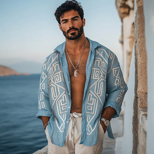 Men's Vintage Greek Key Pattern Linen Blend Comfy Blouse artswardrobe