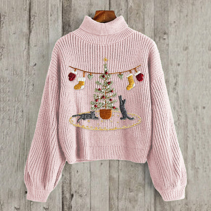 Women's Cat And Christmas Tree Embroidery Art High Collar Cozy Sweater elevenforest