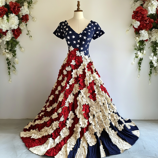 Women's Independence Day Flag And Floral Print Short Sleeve Dress artswardrobe