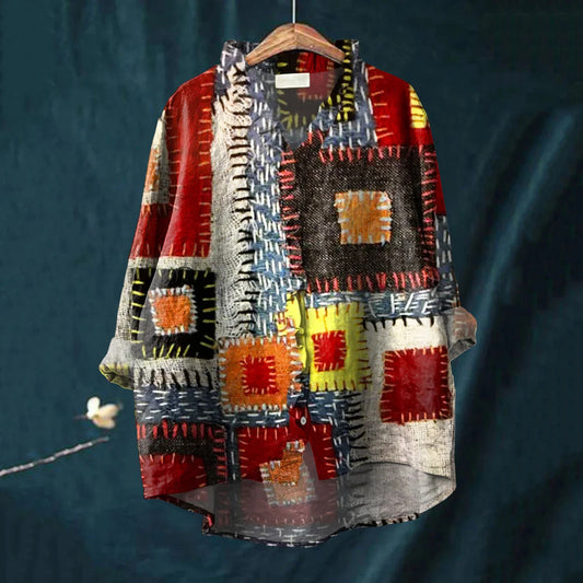 Elegant Geometric Patchwork Pattern Art Linen Ruffle Shirt artswardrobe