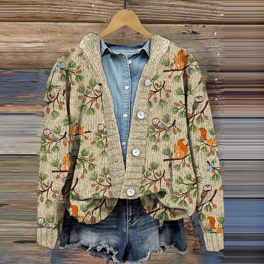 Women's Outdoor Squirrel Print Cardigan Sweater artswardrobe