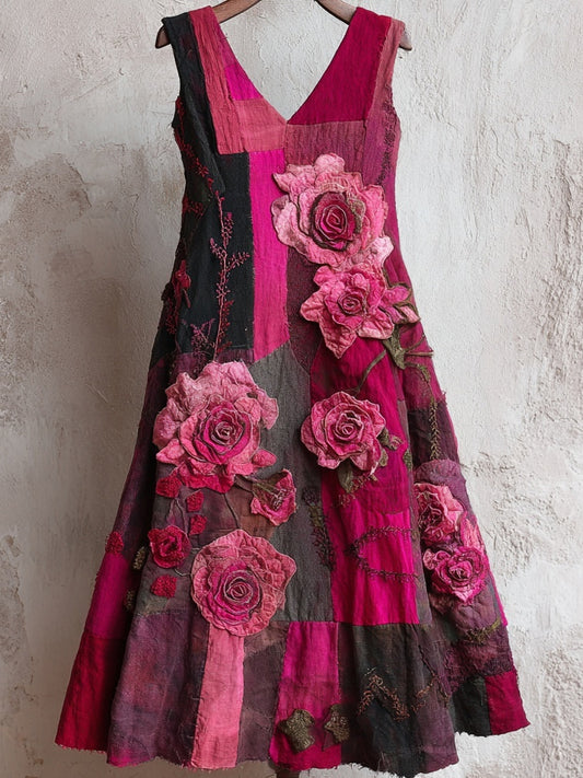 Pink Roses Embroidered Patchwork Linen Tank Dress artswardrobe