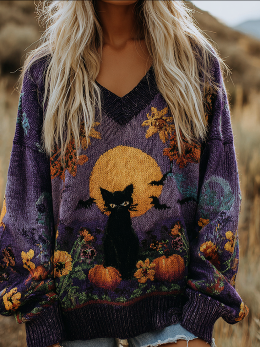 Halloween Theme Women's V-neck Knitted Sweater elevenforest