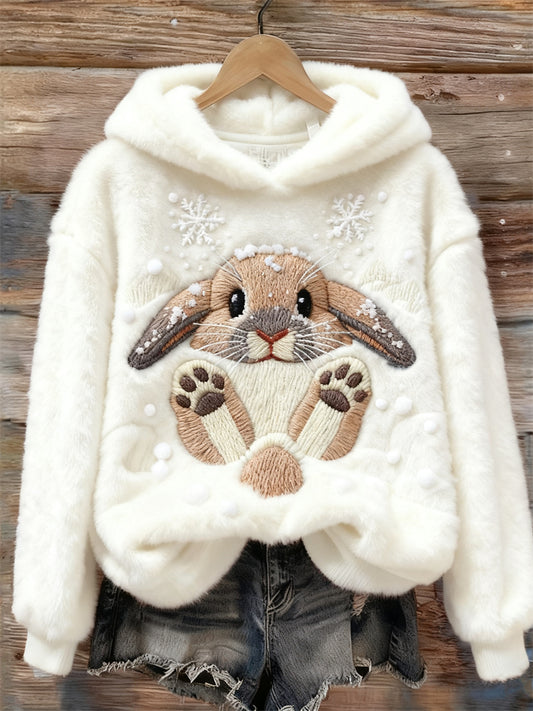 Lovely Bunny & Snow Embroidered Cozy Plush Hoodie