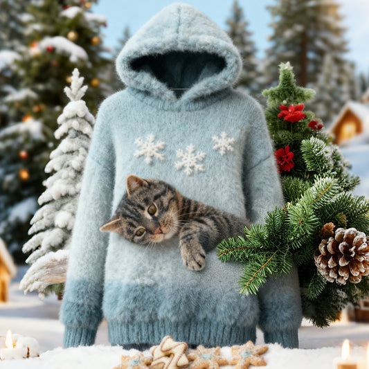 Christmas Cat Felt Art Women's Hooded Plush Sweater artswardrobe