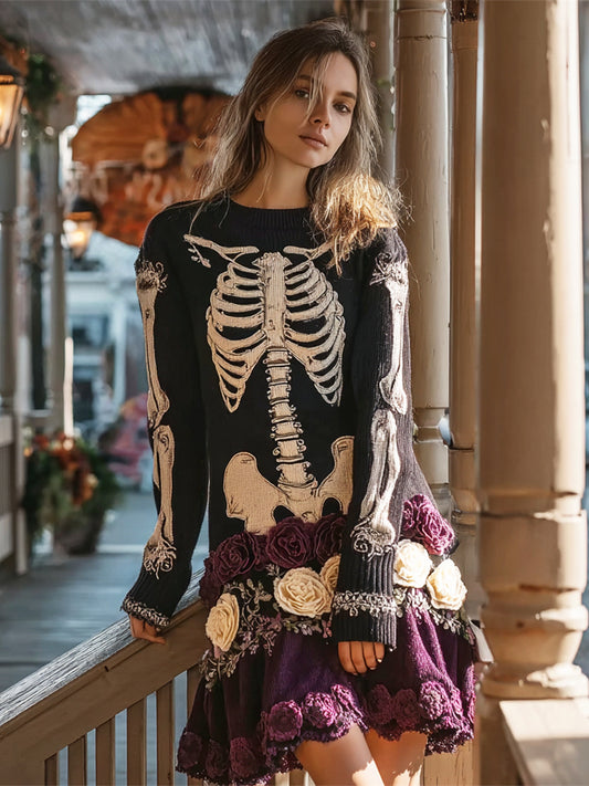 Comstylish Skeleton & Floral Embroidery Art Women's Knit Mini Dress