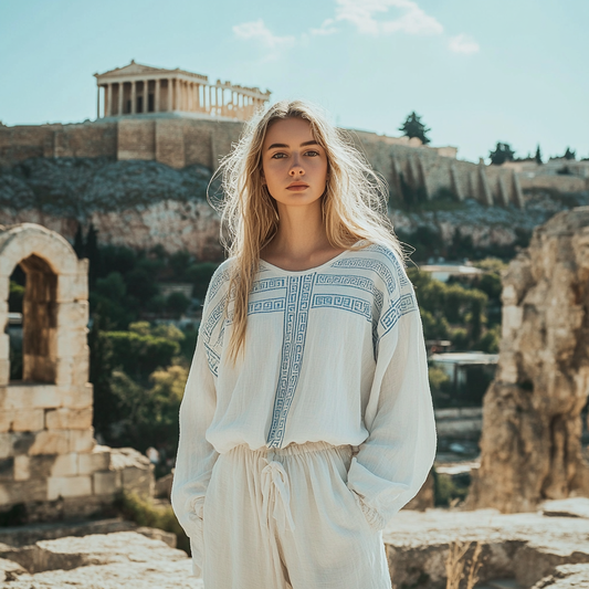 Women's Greek Key Linen Crew Neck Shirt artswardrobe