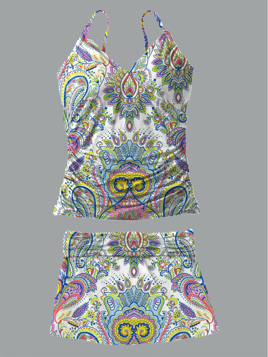 Women's Vintage Bohemian Floral Print Shirred Suspender Swimsuit Set