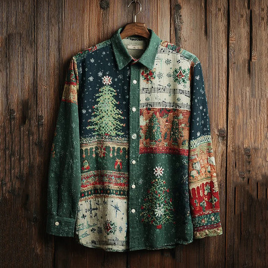 Vintage Men's Musical Christmas Tree Colorblock Print Long Sleeve Shirt artswardrobe
