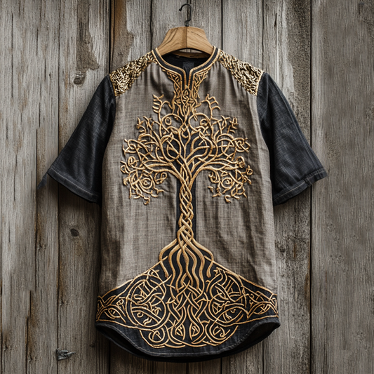 Men's Viking Tribal Tree Of Life With Celtic Knotwork Embroidered Art  Linen Round Neck T-shirt artswardrobe
