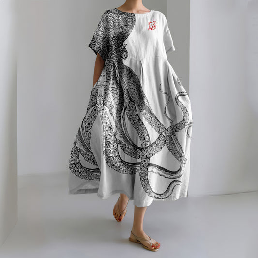 Comstylish Japanese Art Octopus And Crab Print Casual Art Linen Blend Maxi Dress