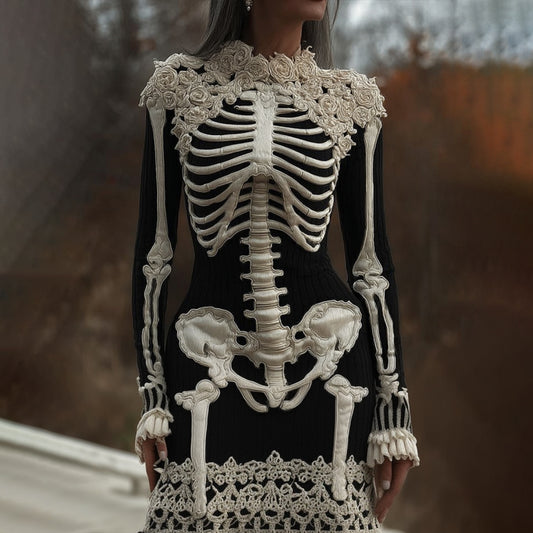 Women's Halloween Skeleton Embroidered Gothic Dress artswardrobe