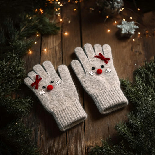 Comstylish Christmas Lovely Reindeer Face Cozy Knit Gloves