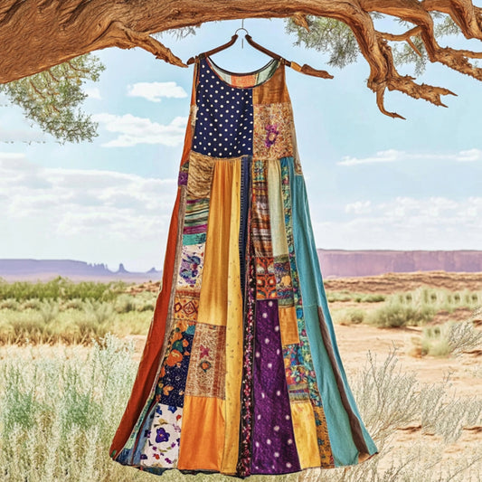 Vintage Bohemian Floral Patchwork Art Linen Tank Dress artswardrobe